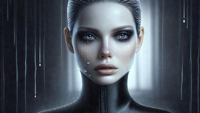 The primary subject of the image is a woman with a black outfit and a tear on her face. She is wearing a black shirt and has a black outfit. The setting is a room with a window, and the visual style is digital art. The colors are predominantly black, and the overall atmosphere is dramatic and emotional.